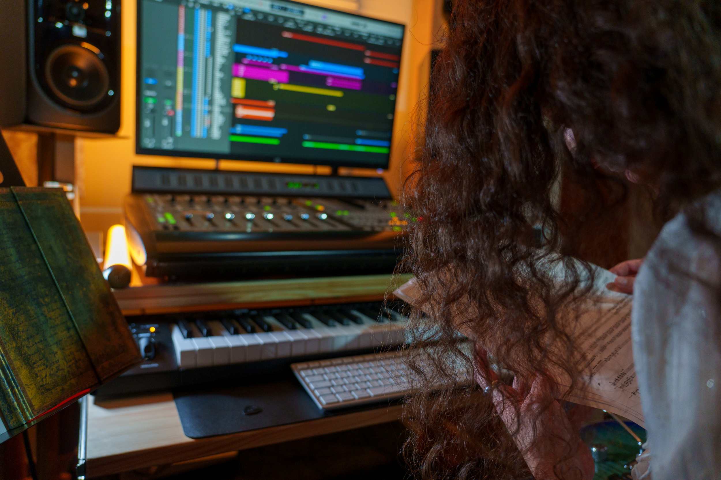 Chiara Manenti composing film scores in studio